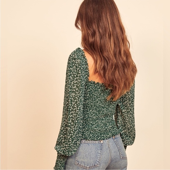 Reformation green floral pinto long sleeve smocked blouse top XS - Picture 2 of 14